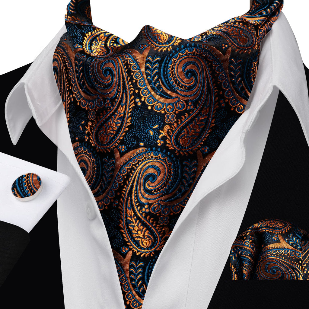 Dark Blue Golden Paisley Ascot, Pocket Square and Cufflinks ascot - Sophisticated Gentlemen