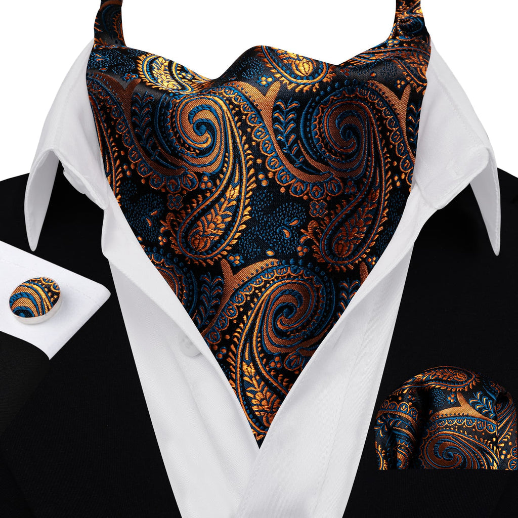 Dark Blue Golden Paisley Ascot, Pocket Square and Cufflinks ascot - Sophisticated Gentlemen