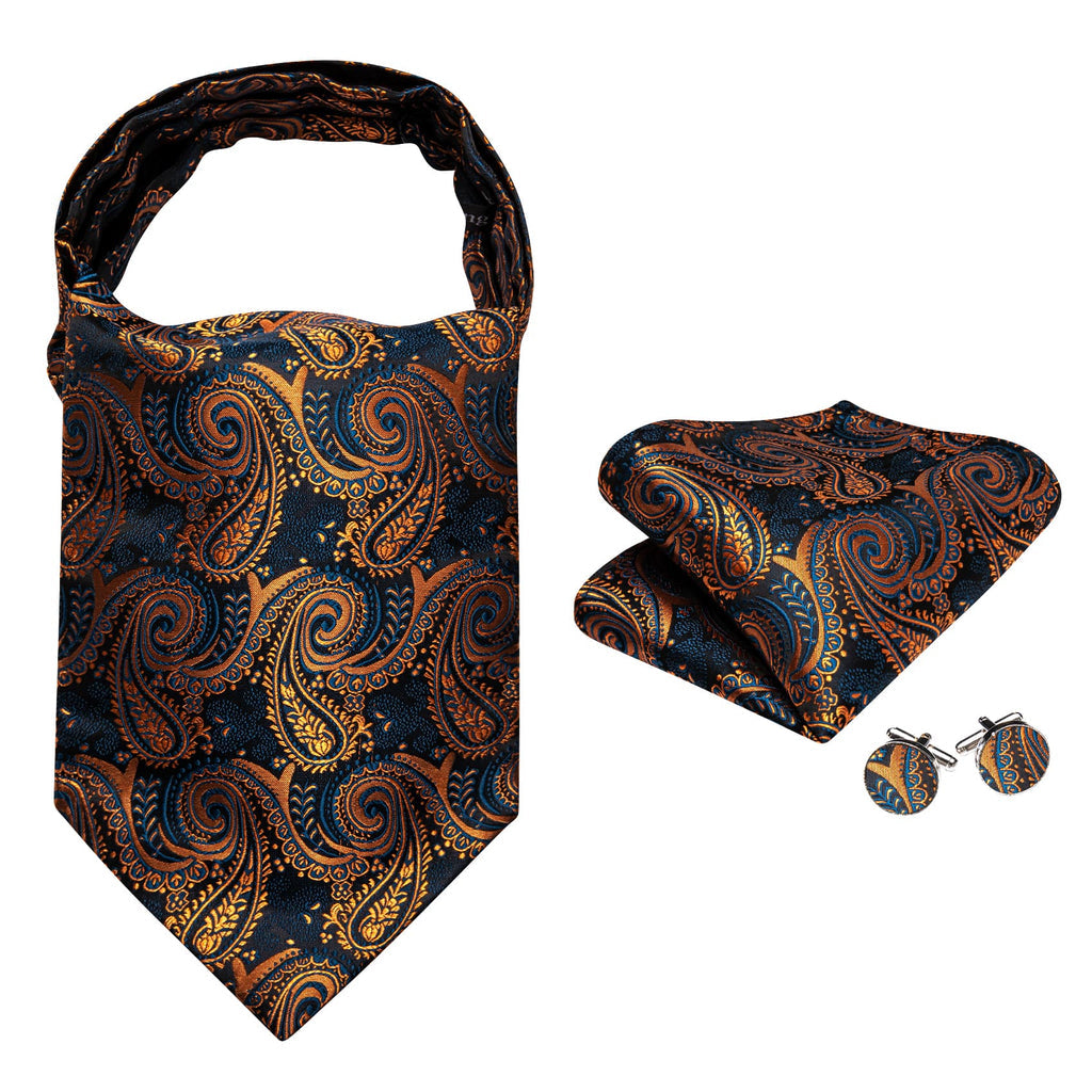 Dark Blue Golden Paisley Ascot, Pocket Square and Cufflinks ascot - Sophisticated Gentlemen