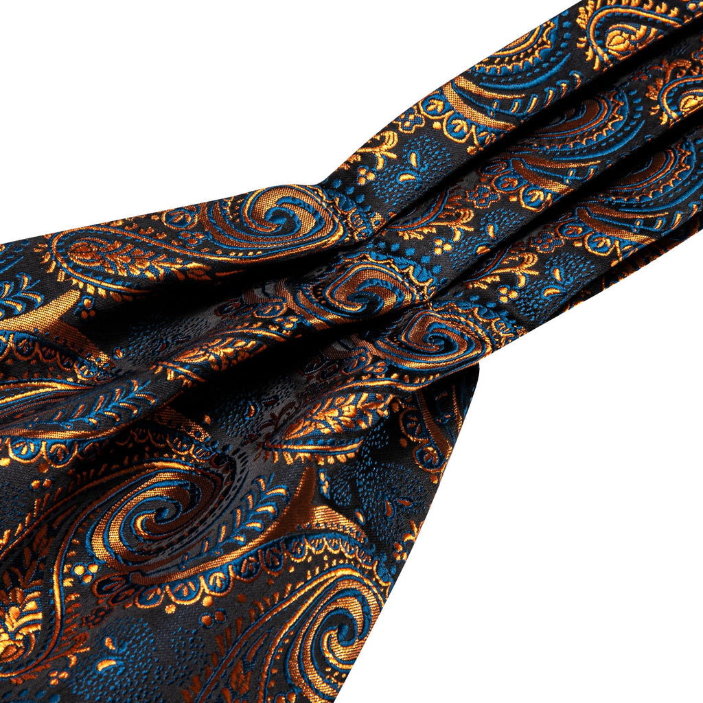 Dark Blue Golden Paisley Ascot, Pocket Square and Cufflinks ascot - Sophisticated Gentlemen