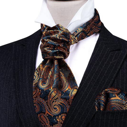Dark Blue Golden Paisley Ascot, Pocket Square and Cufflinks ascot    - Sophisticated Gentlemen