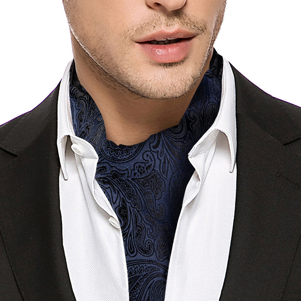 Black and Deep Blue Paisley Ascot, Pocket Square and Cufflinks ascot - Sophisticated Gentlemen
