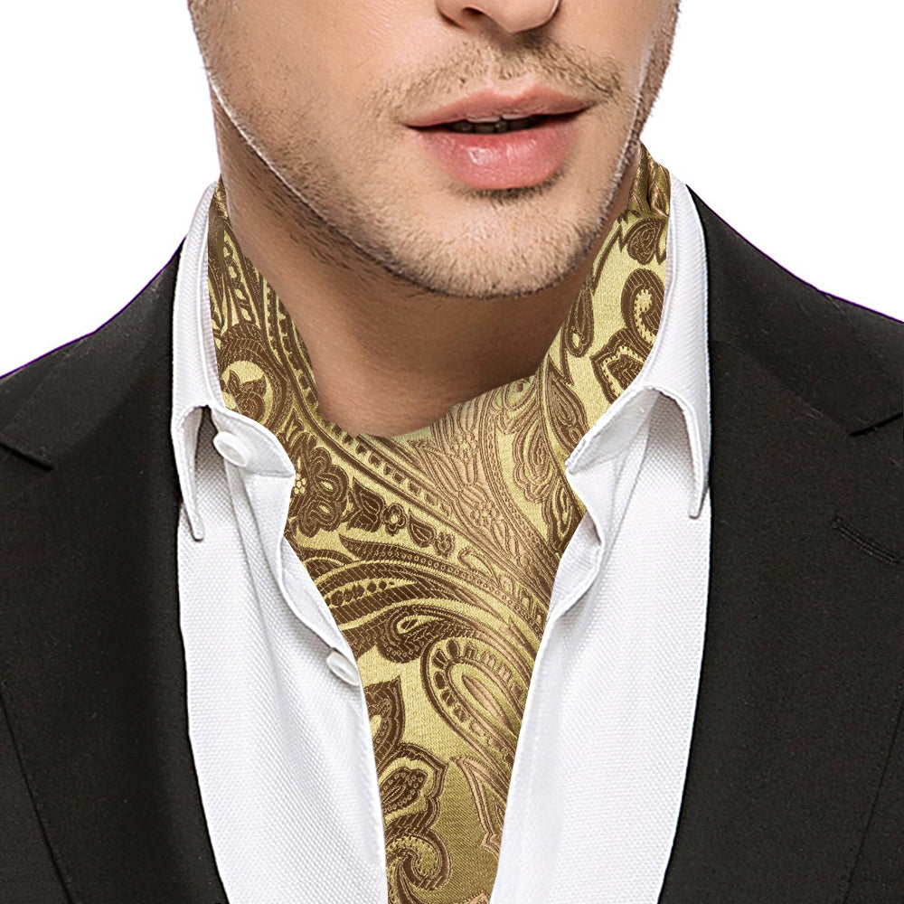 Gold Brown Paisley Floral Ascot, Pocket Square and Cufflinks ascot - Sophisticated Gentlemen