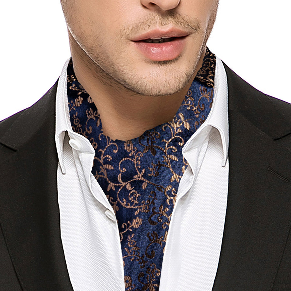 Black Golden Floral Ascot, Pocket Square and Cufflinks ascot - Sophisticated Gentlemen
