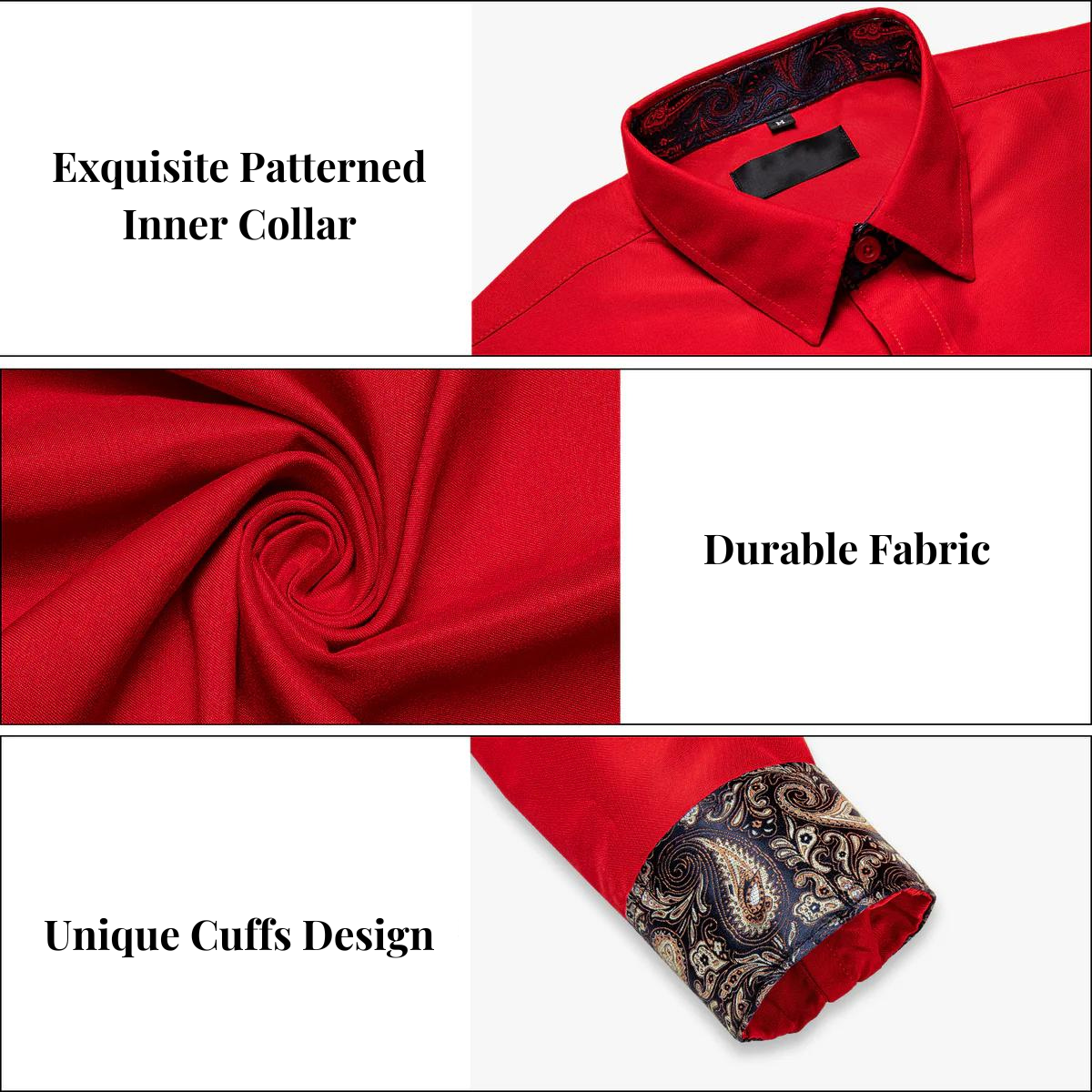 Red Silk Shirt with Black Paisley Accented Cuffs and Collar Shirt - Sophisticated Gentlemen