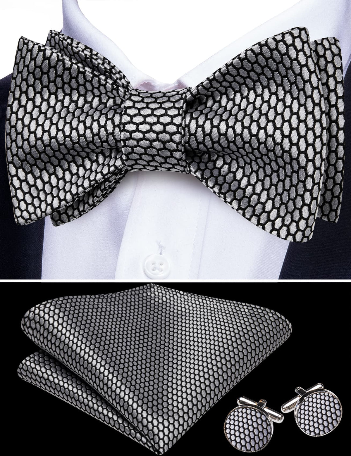 Black Silver Geometric Bow Tie Set bow ties - Sophisticated Gentlemen