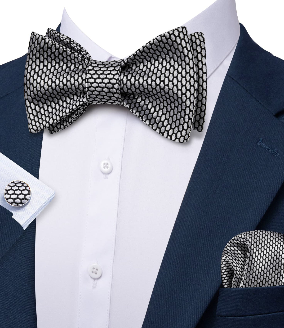 Black Silver Geometric Bow Tie Set bow ties - Sophisticated Gentlemen