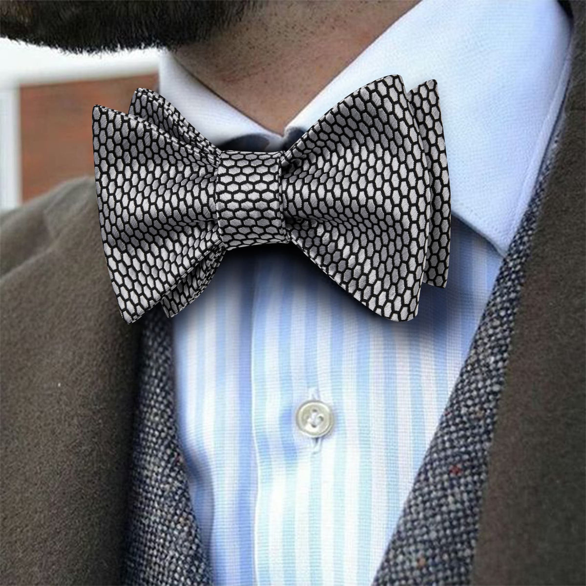 Black Silver Geometric Bow Tie Set bow ties - Sophisticated Gentlemen