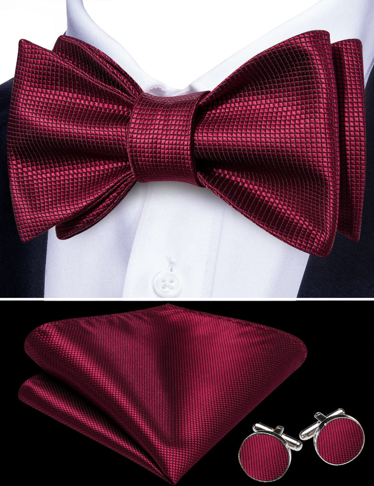 Burgundy Red Plaid Formal Bow Tie Set bow ties - Sophisticated Gentlemen