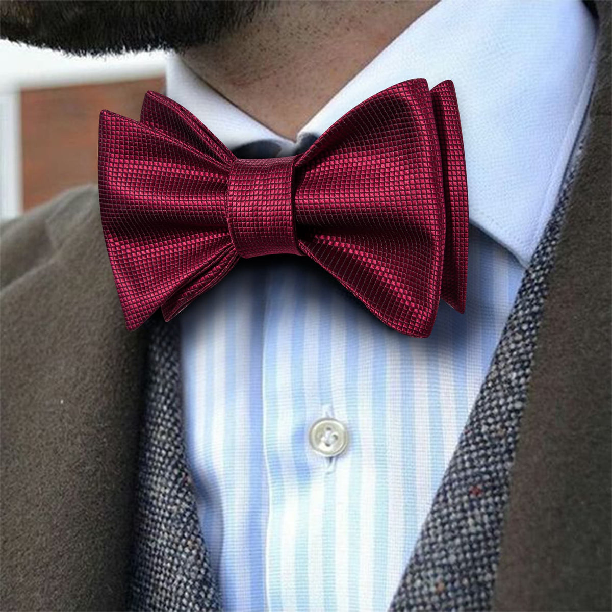 Burgundy Red Plaid Formal Bow Tie Set bow ties - Sophisticated Gentlemen