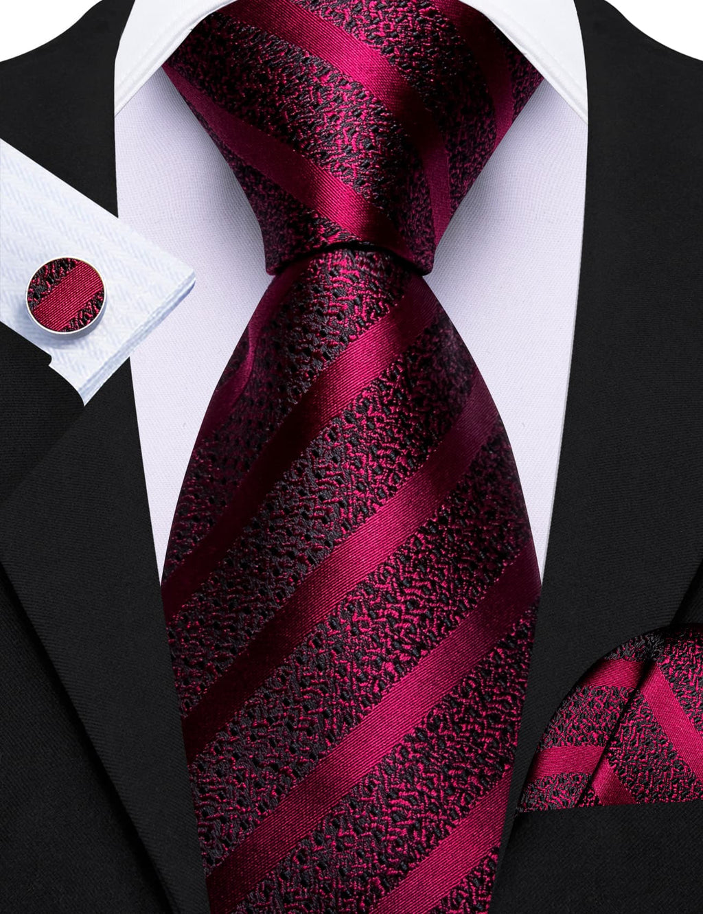 Burgundy Black Red Pattern Tie, Pocket Square and Cufflinks Set tie sets - Sophisticated Gentlemen