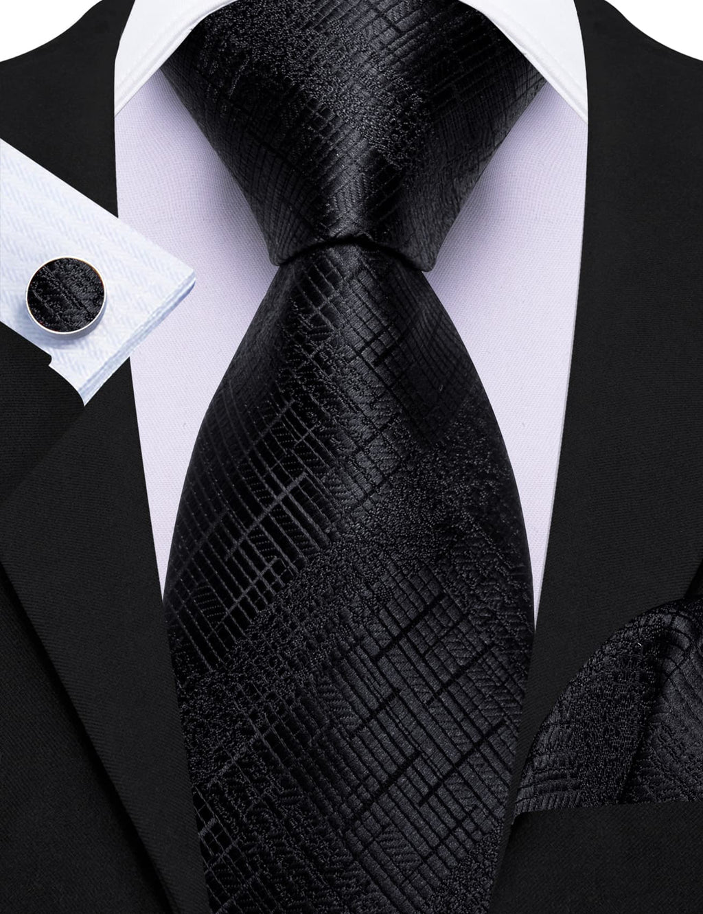 Black Embossed Jacquard Silk Tie, Pocket Square & Cufflinks Set tie sets - Sophisticated Gentlemen