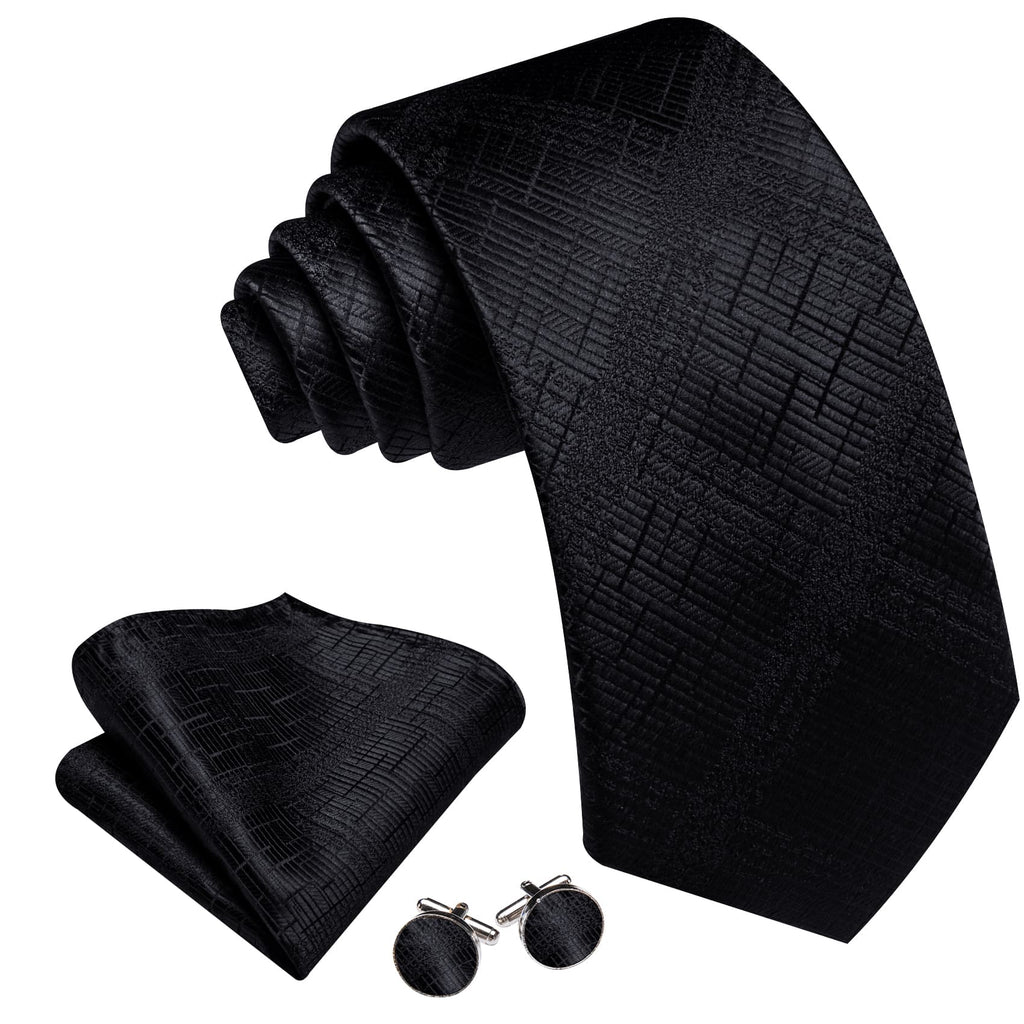 Black Embossed Jacquard Silk Tie, Pocket Square & Cufflinks Set tie sets - Sophisticated Gentlemen