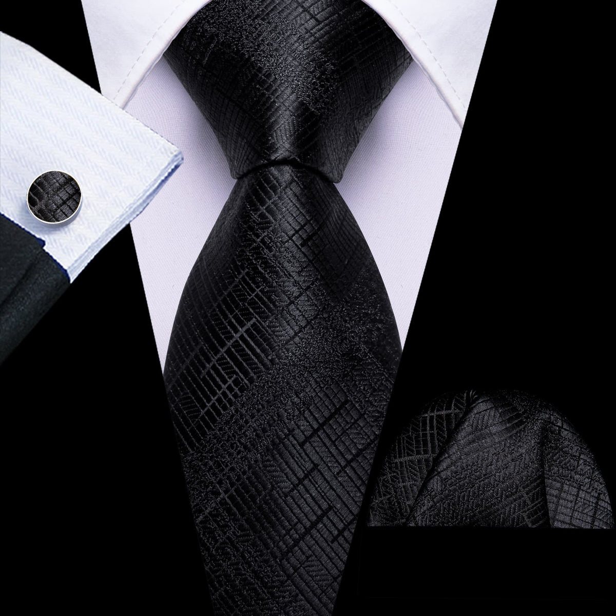 Black Embossed Jacquard Silk Tie, Pocket Square & Cufflinks Set tie sets - Sophisticated Gentlemen