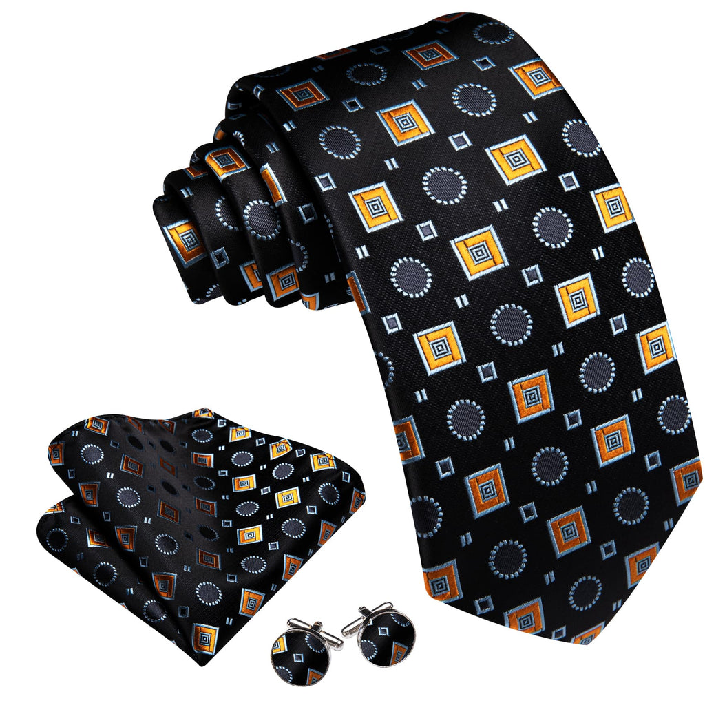 Black Orange Blue Jacquard Squares Novelty Tie, Pocket Square and Cufflinks Set tie sets - Sophisticated Gentlemen