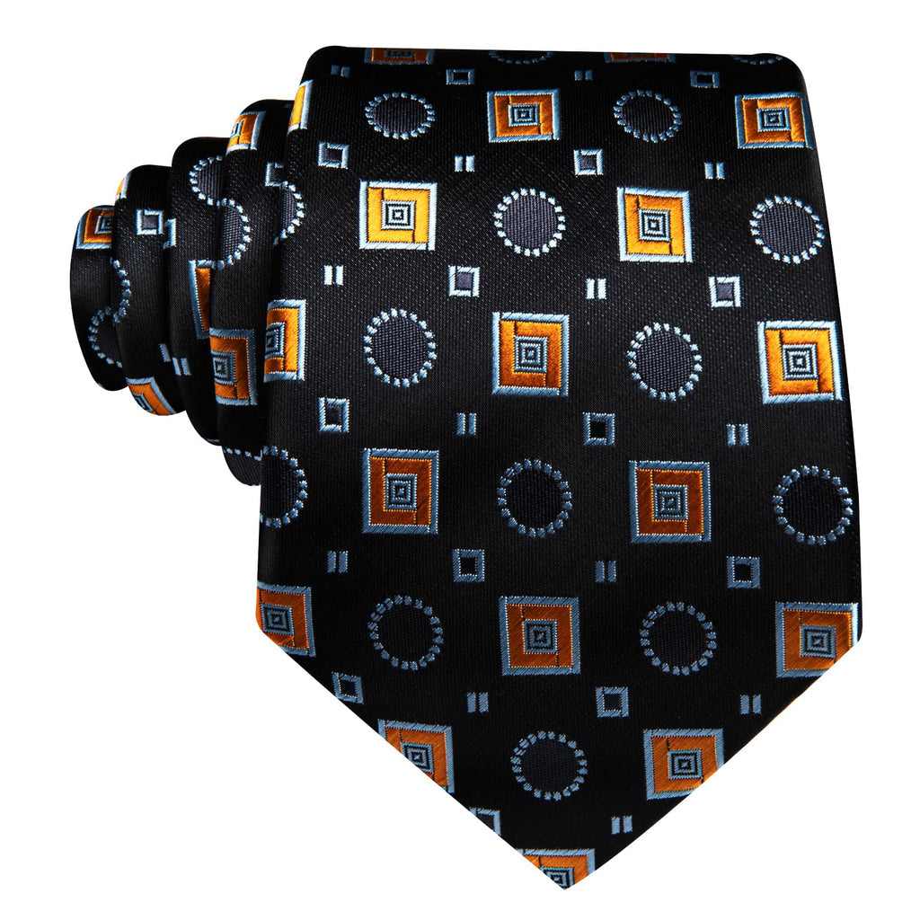 Black Orange Blue Jacquard Squares Novelty Tie, Pocket Square and Cufflinks Set tie sets - Sophisticated Gentlemen