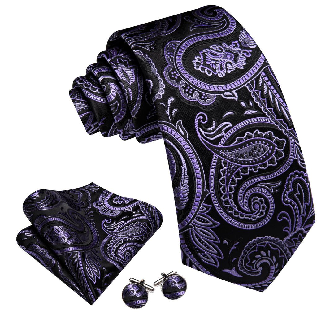 Black and Purple Orchid Floral Tie, Pocket Square, and Cufflinks Set tie sets - Sophisticated Gentlemen
