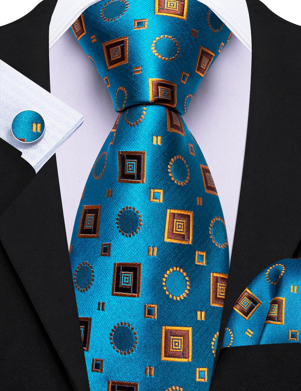 Sky Blue Orange Brown Squares Novelty Tie, Pocket Square and Cufflinks Set tie sets - Sophisticated Gentlemen