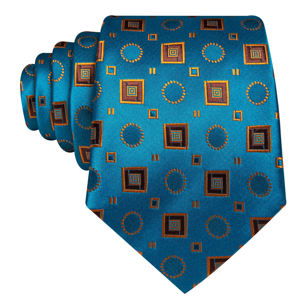 Sky Blue Orange Brown Squares Novelty Tie, Pocket Square and Cufflinks Set tie sets - Sophisticated Gentlemen