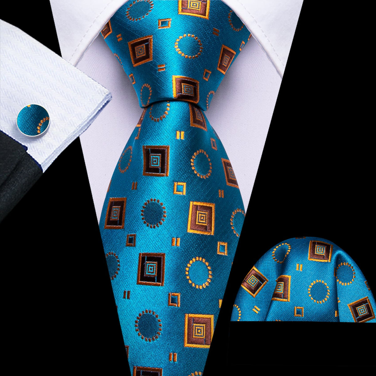 Sky Blue Orange Brown Squares Novelty Tie, Pocket Square and Cufflinks Set tie sets - Sophisticated Gentlemen