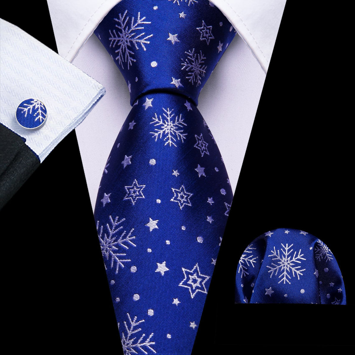 Blue White Snowflake Tie, Pocket Square and Cufflinks Set tie sets - Sophisticated Gentlemen