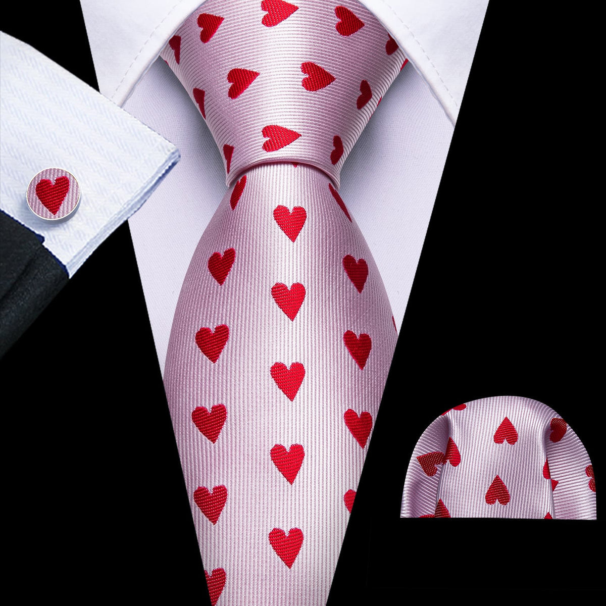 Pink and Red Heart Pattern Tie, Pocket Square, and Cufflinks Set tie sets - Sophisticated Gentlemen