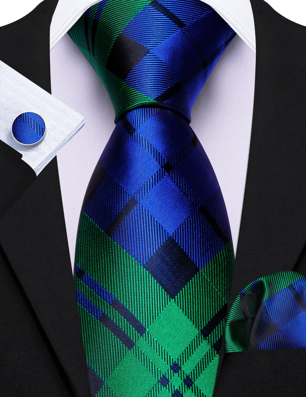 Emerald & Navy Checkered Silk Tie, Pocket Square & Cufflinks Set tie sets - Sophisticated Gentlemen
