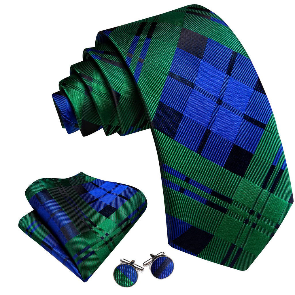 Emerald & Navy Checkered Silk Tie, Pocket Square & Cufflinks Set tie sets - Sophisticated Gentlemen