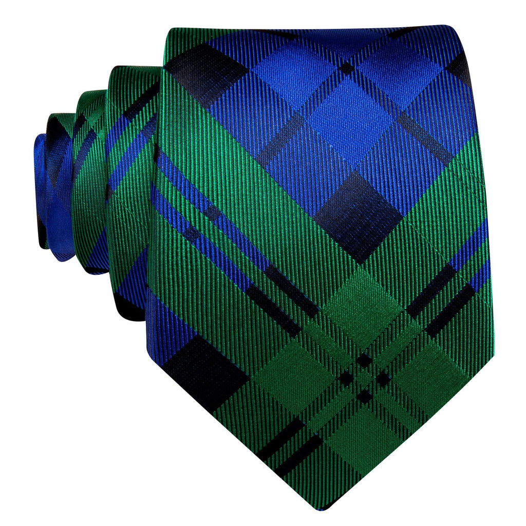 Emerald & Navy Checkered Silk Tie, Pocket Square & Cufflinks Set tie sets - Sophisticated Gentlemen