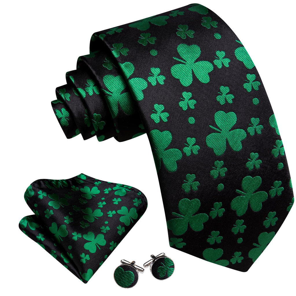 Black & Emerald Clover Silk Tie Set tie sets - Sophisticated Gentlemen