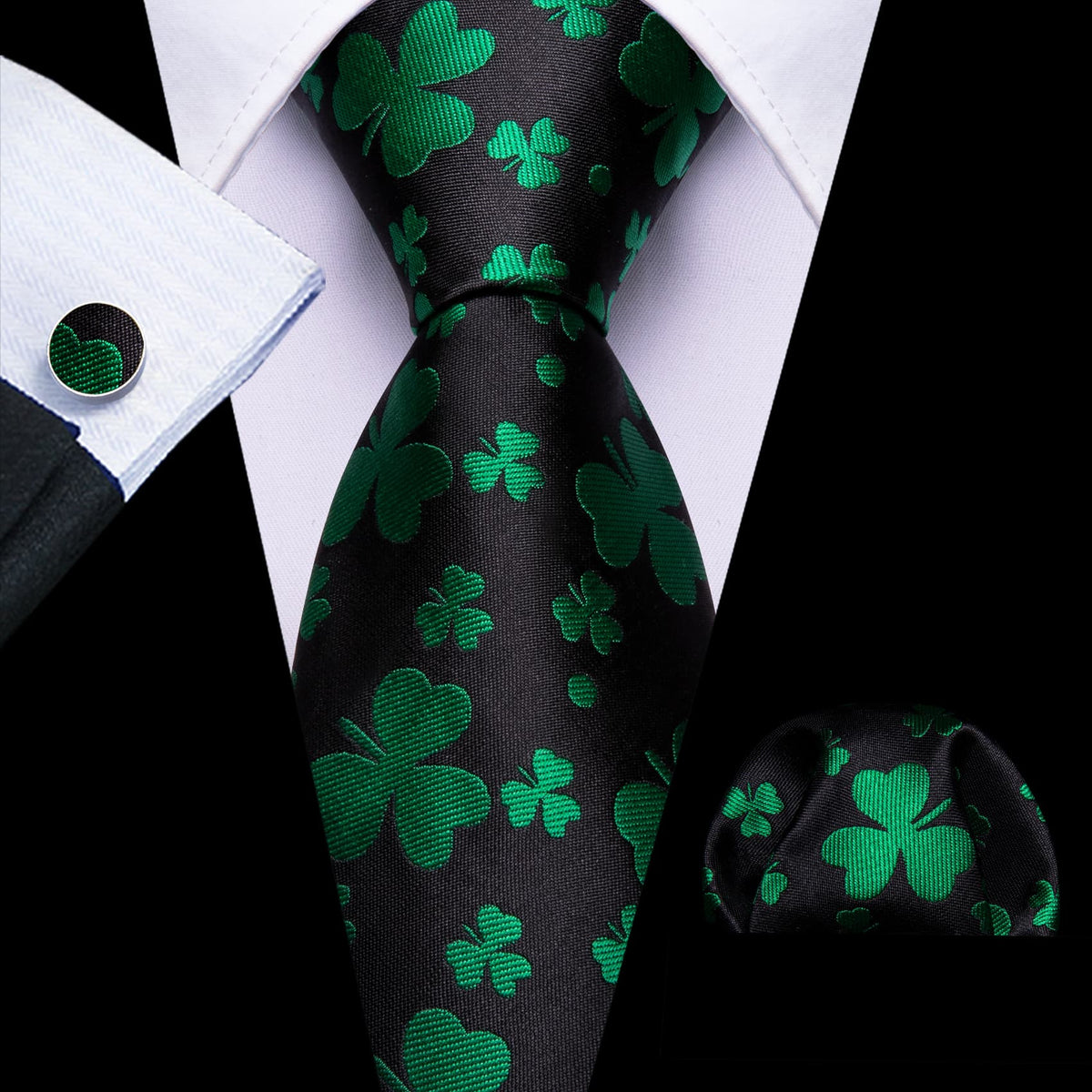 Black & Emerald Clover Silk Tie Set tie sets - Sophisticated Gentlemen