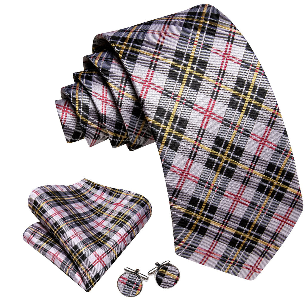 Black White Gray Yellow Checkered Tie, Pocket Square and Cufflinks Set tie sets - Sophisticated Gentlemen