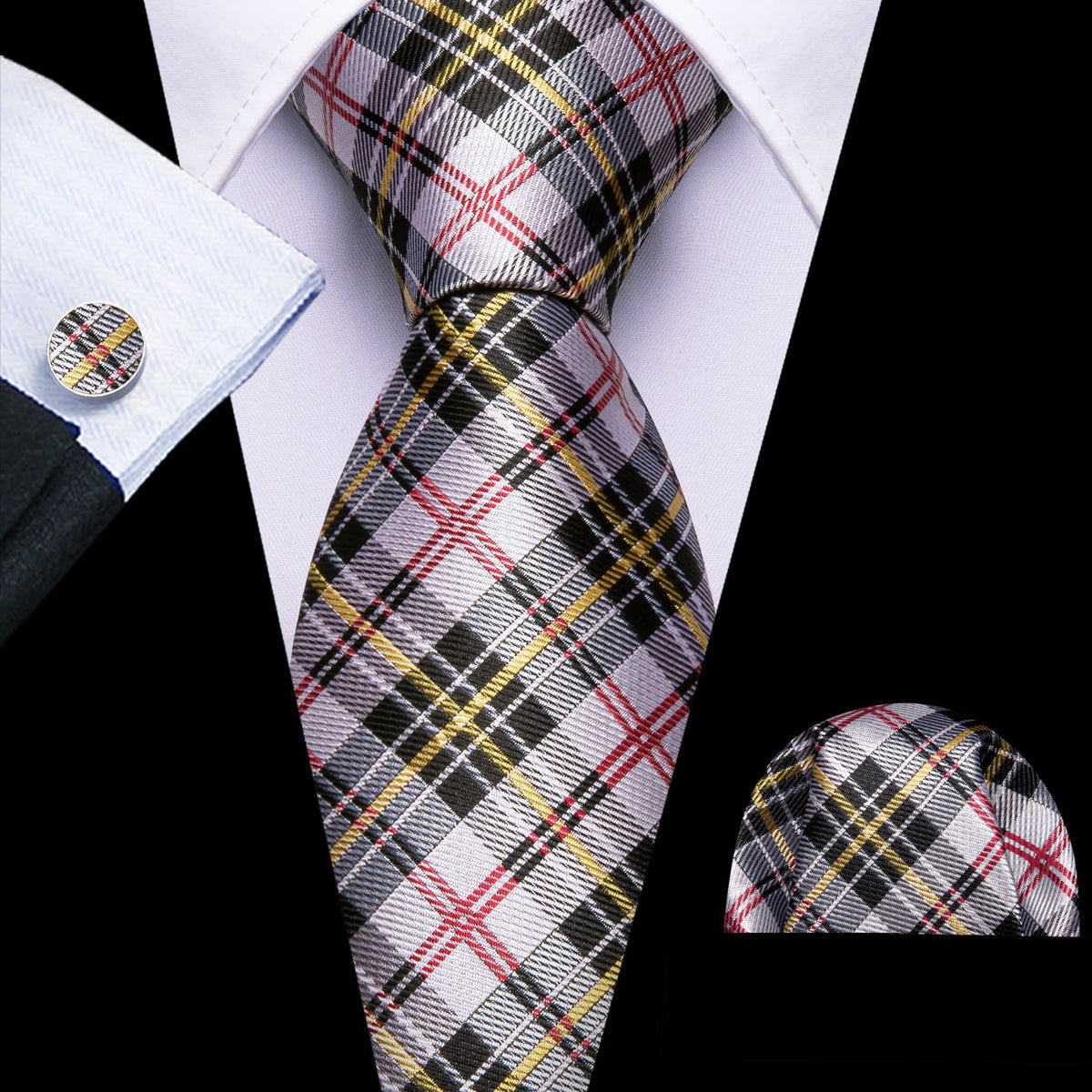 Black White Gray Yellow Checkered Tie, Pocket Square and Cufflinks Set tie sets - Sophisticated Gentlemen