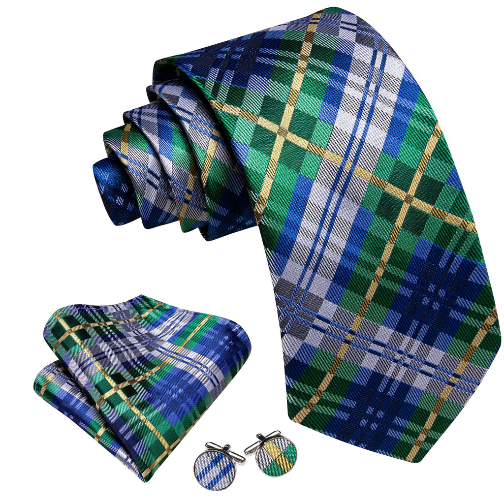Blue Silver Gray Yellow Checkered Tie, Pocket Square and Cufflinks Set tie sets - Sophisticated Gentlemen