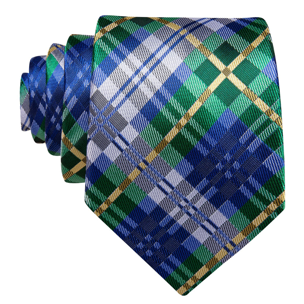 Blue Silver Gray Yellow Checkered Tie, Pocket Square and Cufflinks Set tie sets - Sophisticated Gentlemen