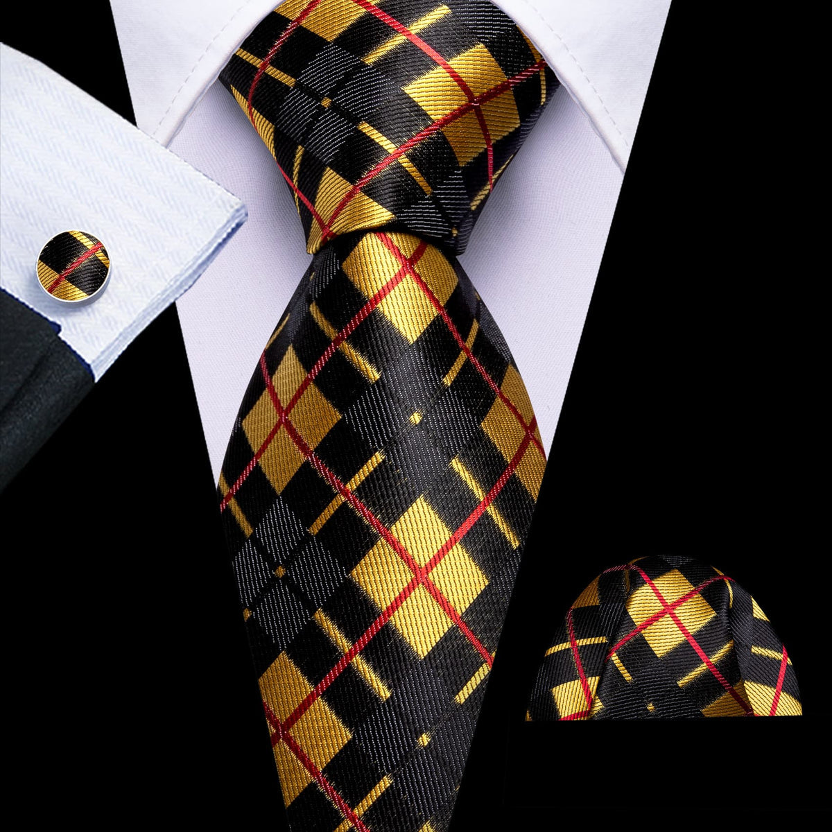 Black Yellow Checkered Jacquard Tie, Pocket Square and Cufflinks Set tie sets - Sophisticated Gentlemen