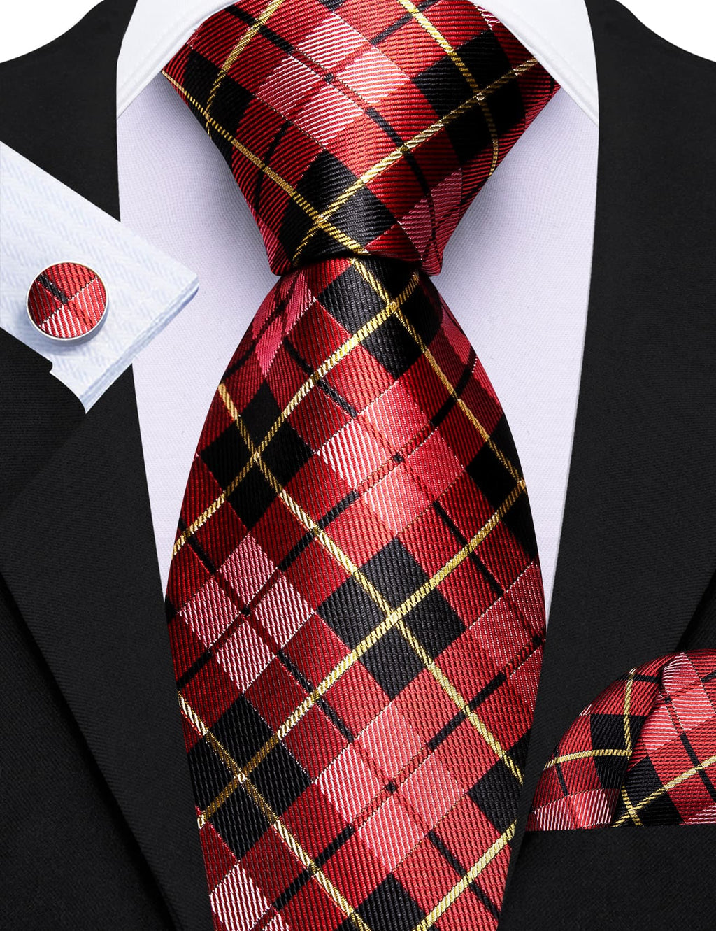 Black Red Checkered Jacquard Tie, Pocket Square and Cufflinks Set tie sets - Sophisticated Gentlemen