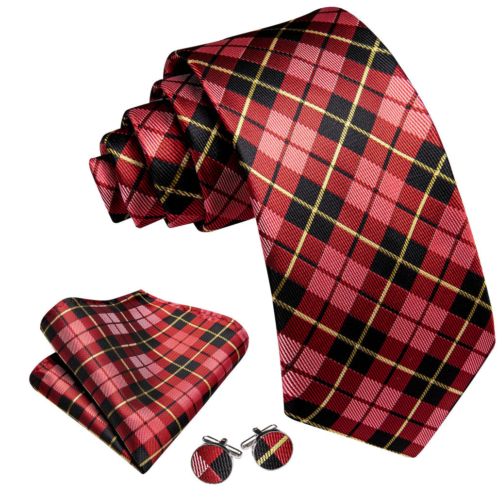 Black Red Checkered Jacquard Tie, Pocket Square and Cufflinks Set tie sets - Sophisticated Gentlemen