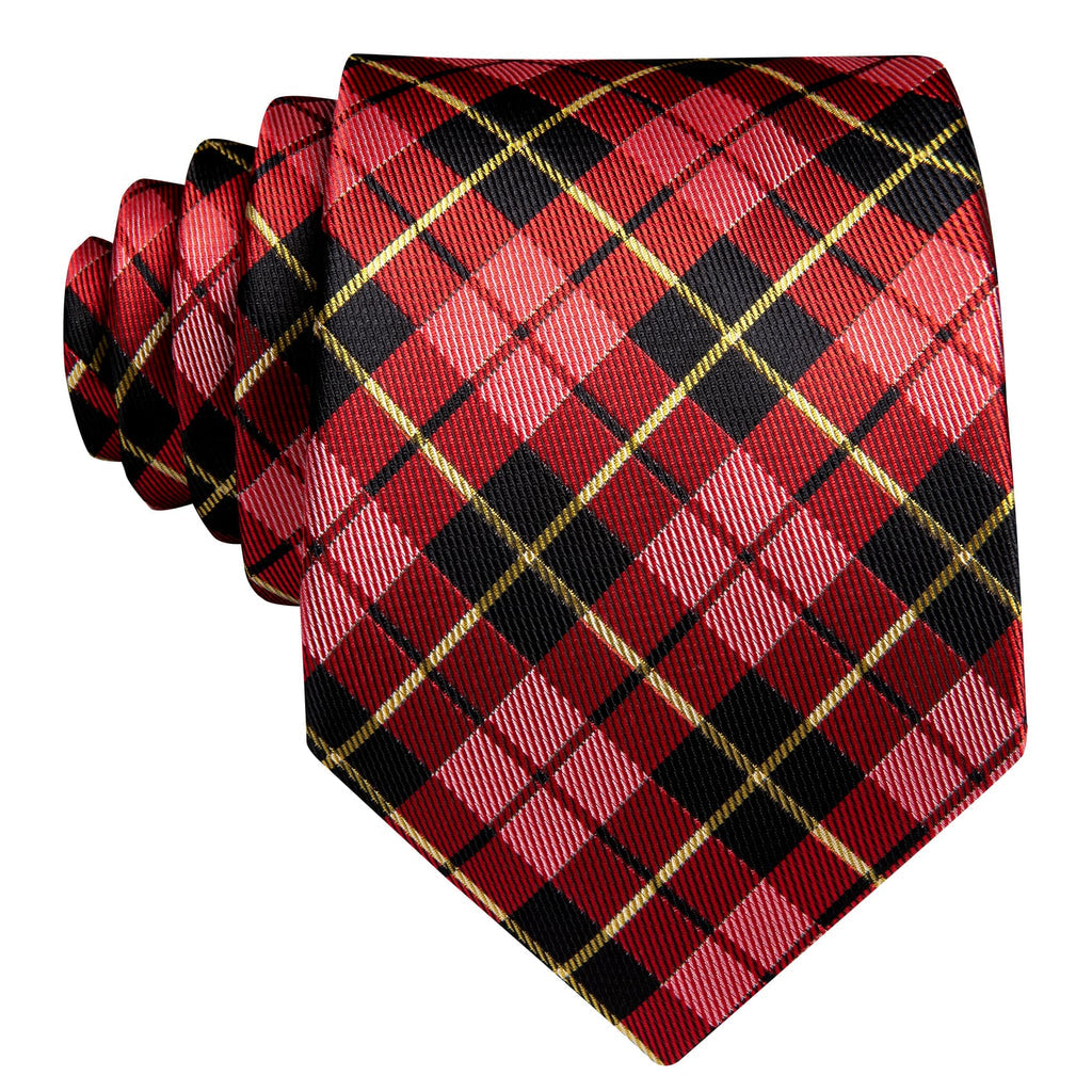 Black Red Checkered Jacquard Tie, Pocket Square and Cufflinks Set tie sets - Sophisticated Gentlemen
