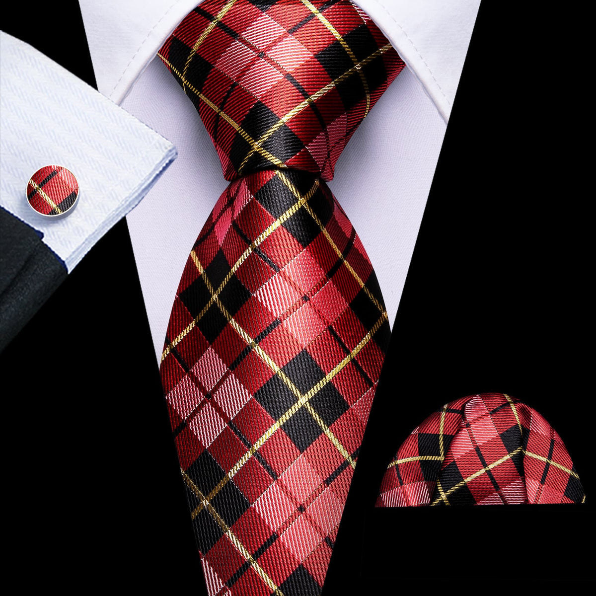 Black Red Checkered Jacquard Tie, Pocket Square and Cufflinks Set tie sets - Sophisticated Gentlemen