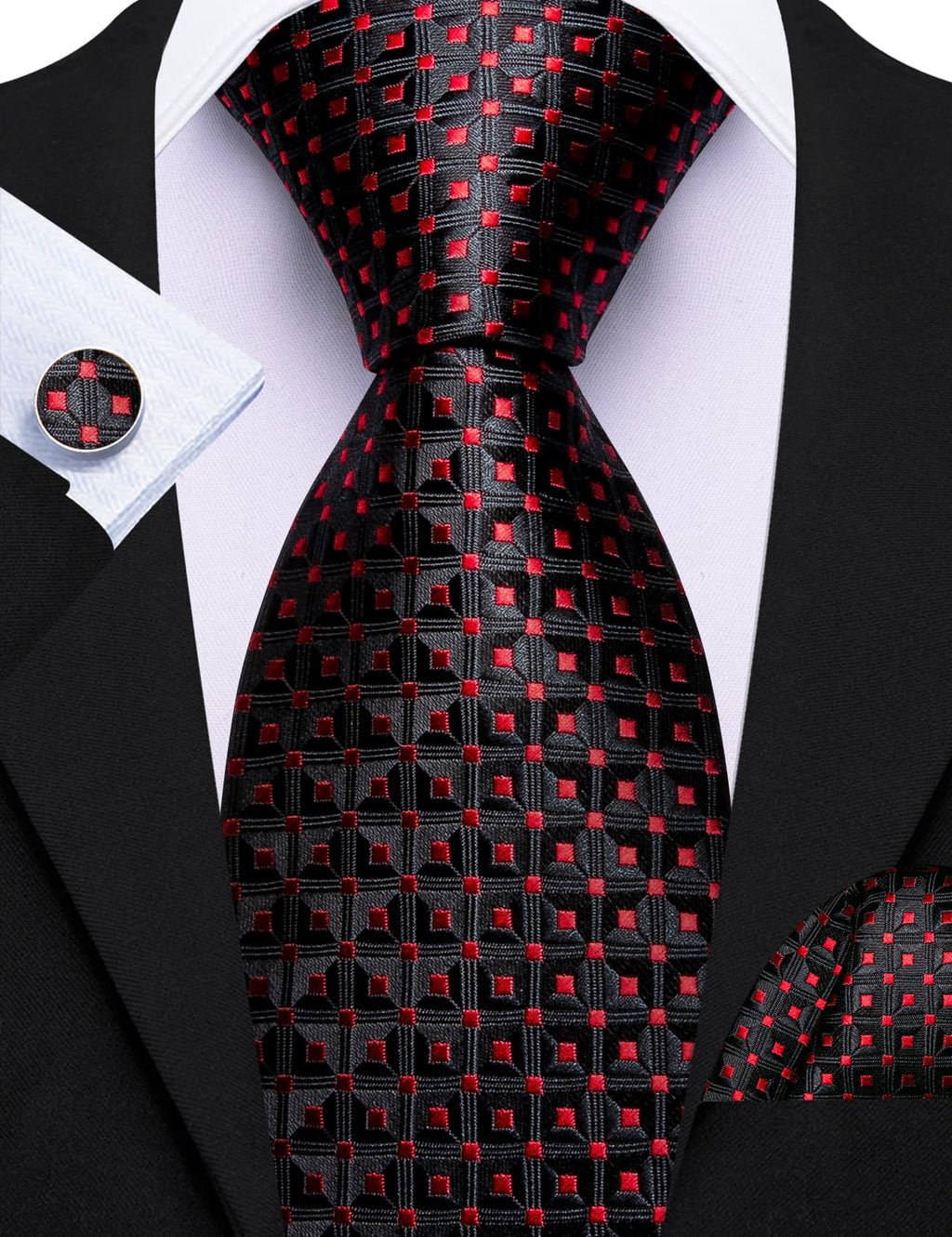 Black Red Jacquard Polka Dots Tie, Pocket Square and Cufflinks Set tie sets - Sophisticated Gentlemen