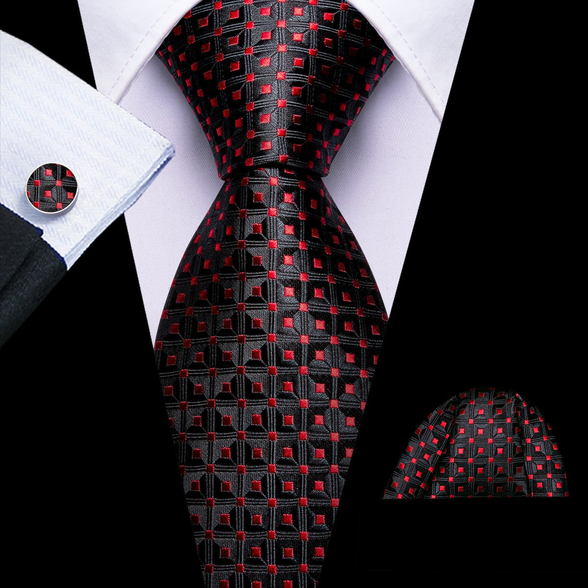 Black Red Jacquard Polka Dots Tie, Pocket Square and Cufflinks Set tie sets - Sophisticated Gentlemen