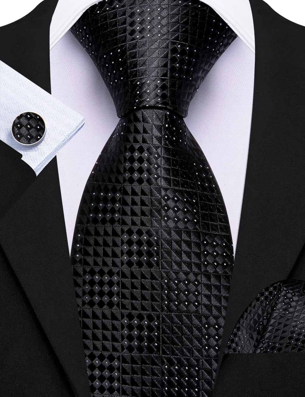 Black White Polka Dots Jacquard Geometric Tie, Pocket Square and Cufflinks Set tie sets - Sophisticated Gentlemen