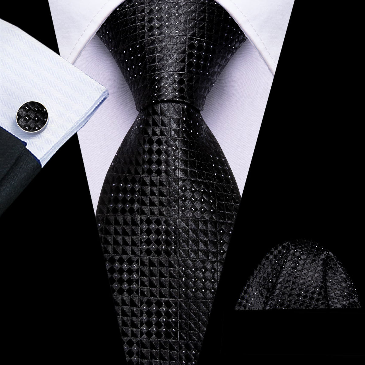 Black White Polka Dots Jacquard Geometric Tie, Pocket Square and Cufflinks Set tie sets - Sophisticated Gentlemen
