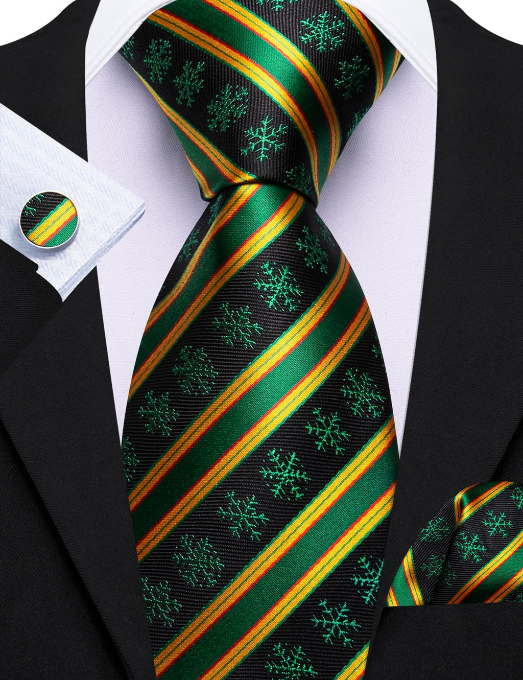 Black Green Snowflake Yellow Stripes Christmas Tie, Pocket Square and Cufflinks Set tie sets - Sophisticated Gentlemen