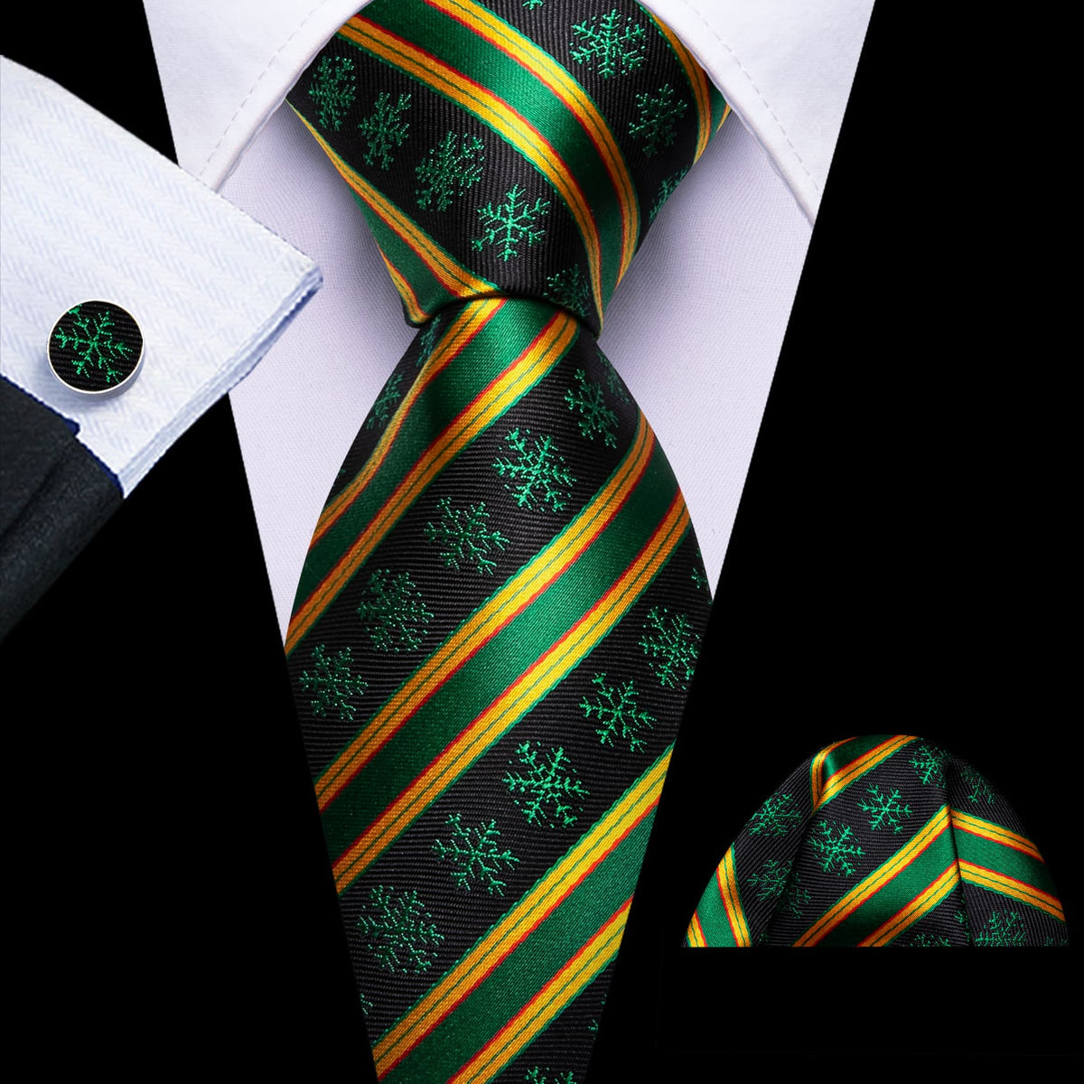 Black Green Snowflake Yellow Stripes Christmas Tie, Pocket Square and Cufflinks Set tie sets - Sophisticated Gentlemen