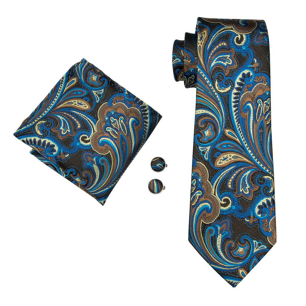 Brown Blue Floral Tie, Pocket Square and Cufflinks Set tie sets - Sophisticated Gentlemen