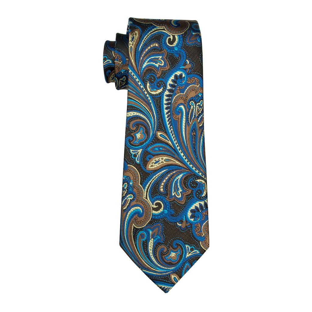 Brown Blue Floral Tie, Pocket Square and Cufflinks Set tie sets - Sophisticated Gentlemen