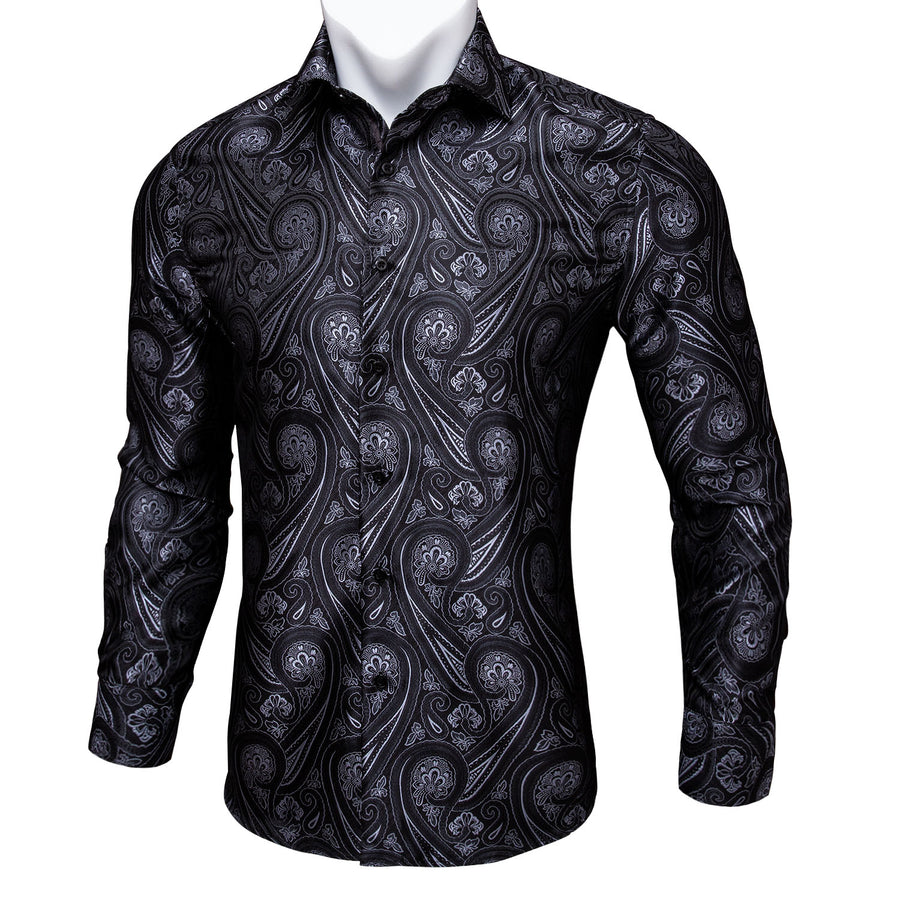 Black and White Paisley Silk Dress Shirt 2XL Black and White Paisley Silk Dress Shirt 2XL