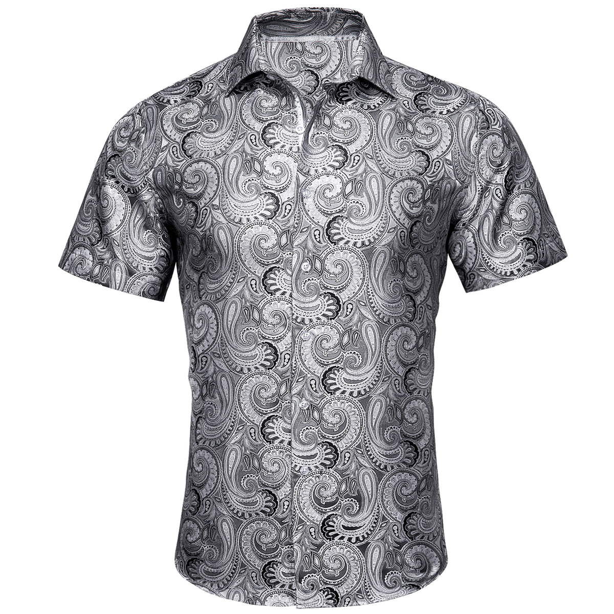 Silver Paisley Silk Short Sleeve Shirt shirt S   - Sophisticated Gentlemen